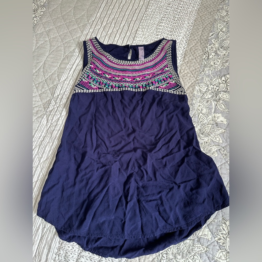 Cobalt blue Tank with Keyhole back
Beautiful embroidered detail